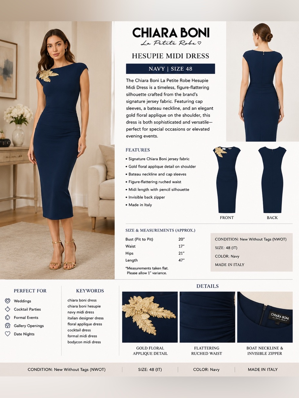 Chiara Boni Hesupie Navy Gold Appliqué Bodycon Midi Dress IT 48 US 12 NWOT